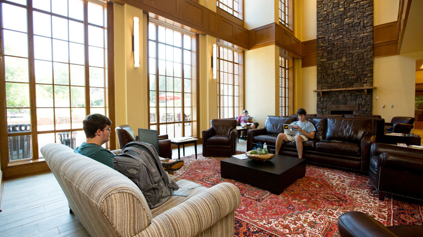 Brown Student Center lodge style interior living room