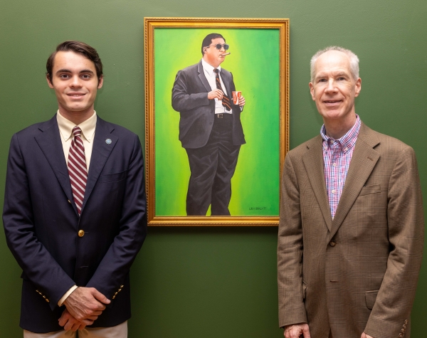 a portrait painting of John Brinkley in his typical stance with students and professor