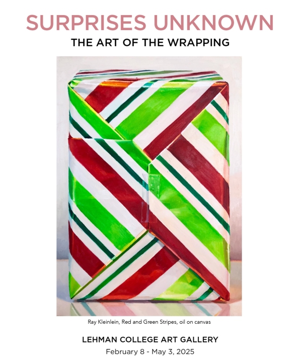 image of a poster with a painted wrapped gift on it advertising Ray Kleinlein's art exhibit