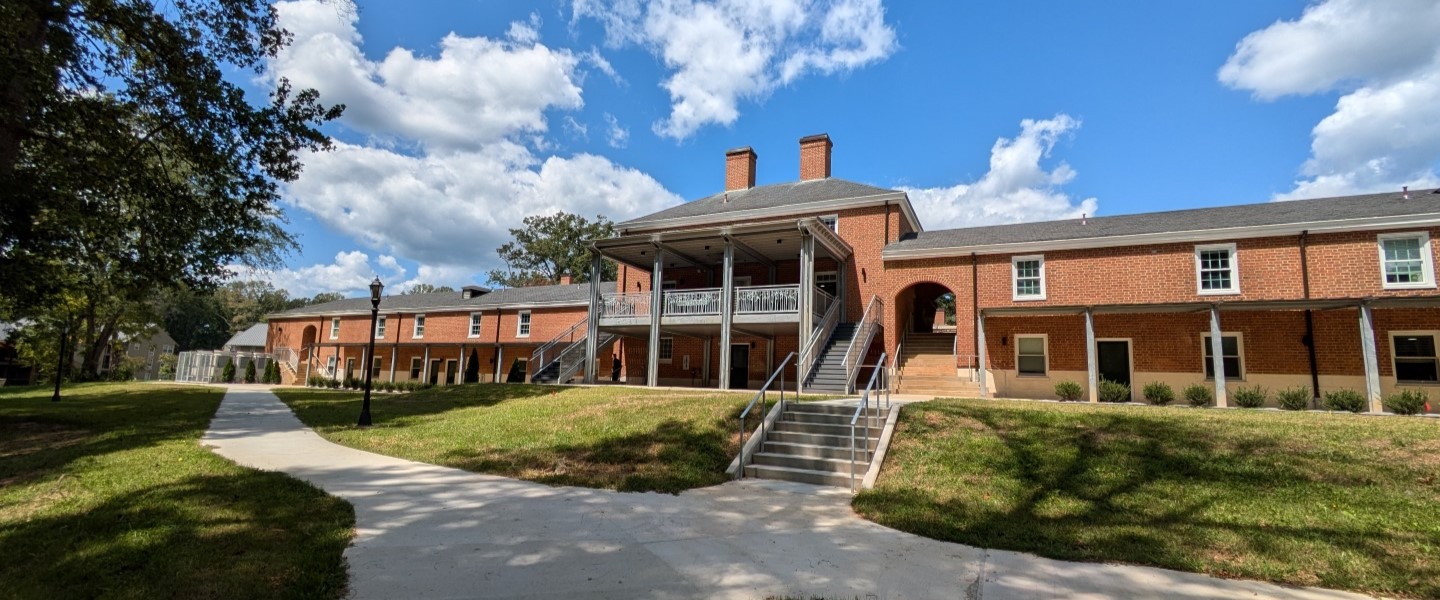 Whitehouse Dormitory porch overlooking Lake Chalgrove on a clear day